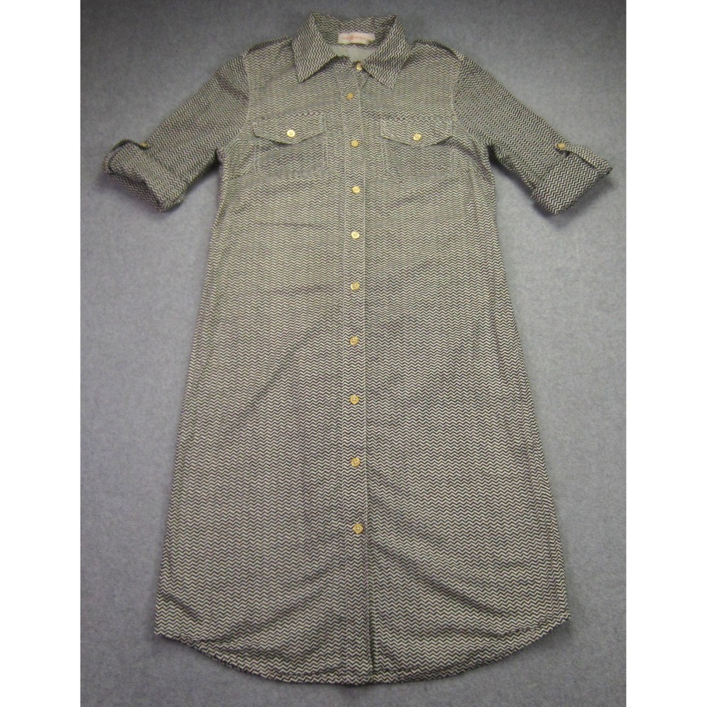 Tory Burch Womens 2 Shirt Dress Black White Chevron Roll Tab Button Front‎ READ